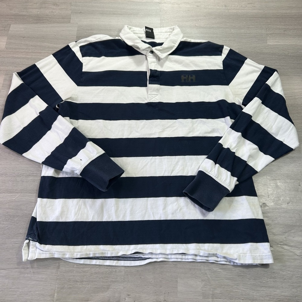 Helly Hansen Rugby Polo Shirt Mens XL Blue Stripe Long Sleeve Cotton Jersey